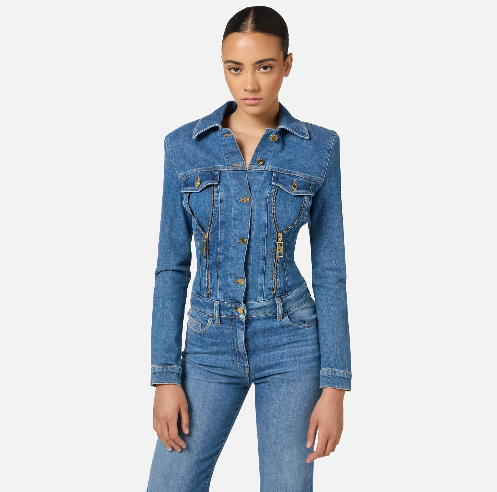 Elisabetta Franchi Jumpsuits|Denim jumpsuit with zip and shoulder pads DenimBlue