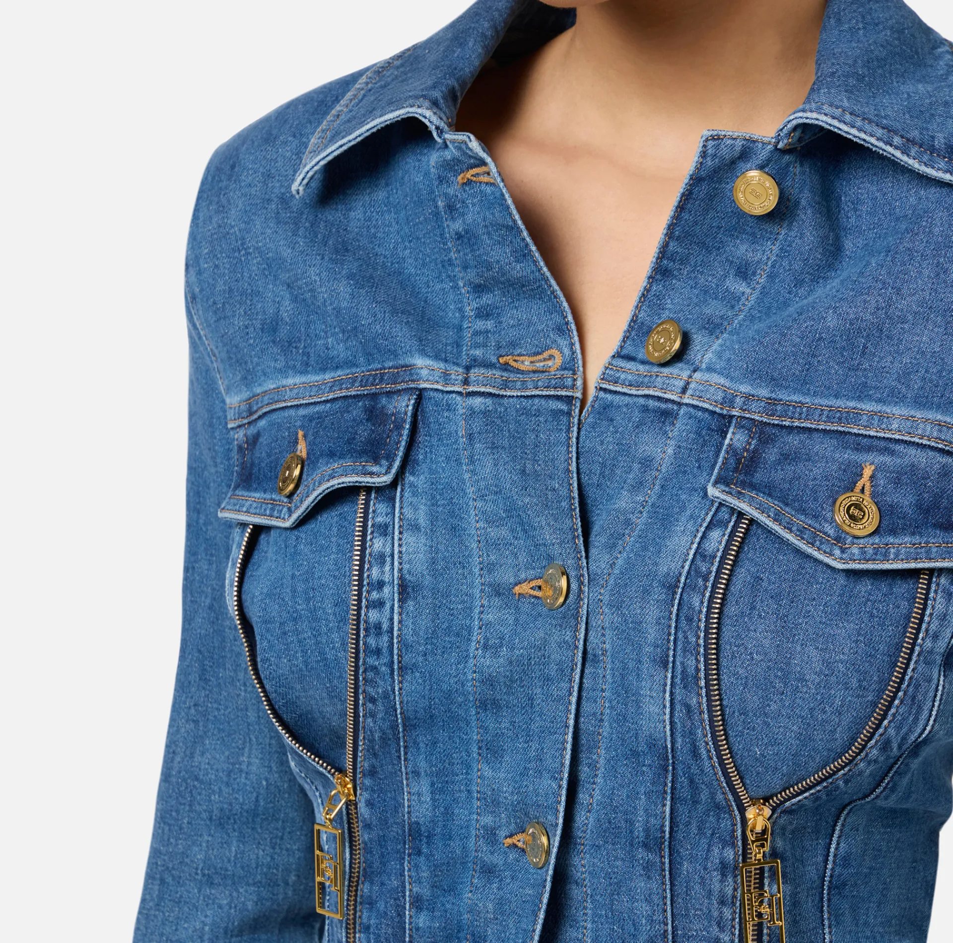 Elisabetta Franchi Jumpsuits|Denim jumpsuit with zip and shoulder pads DenimBlue