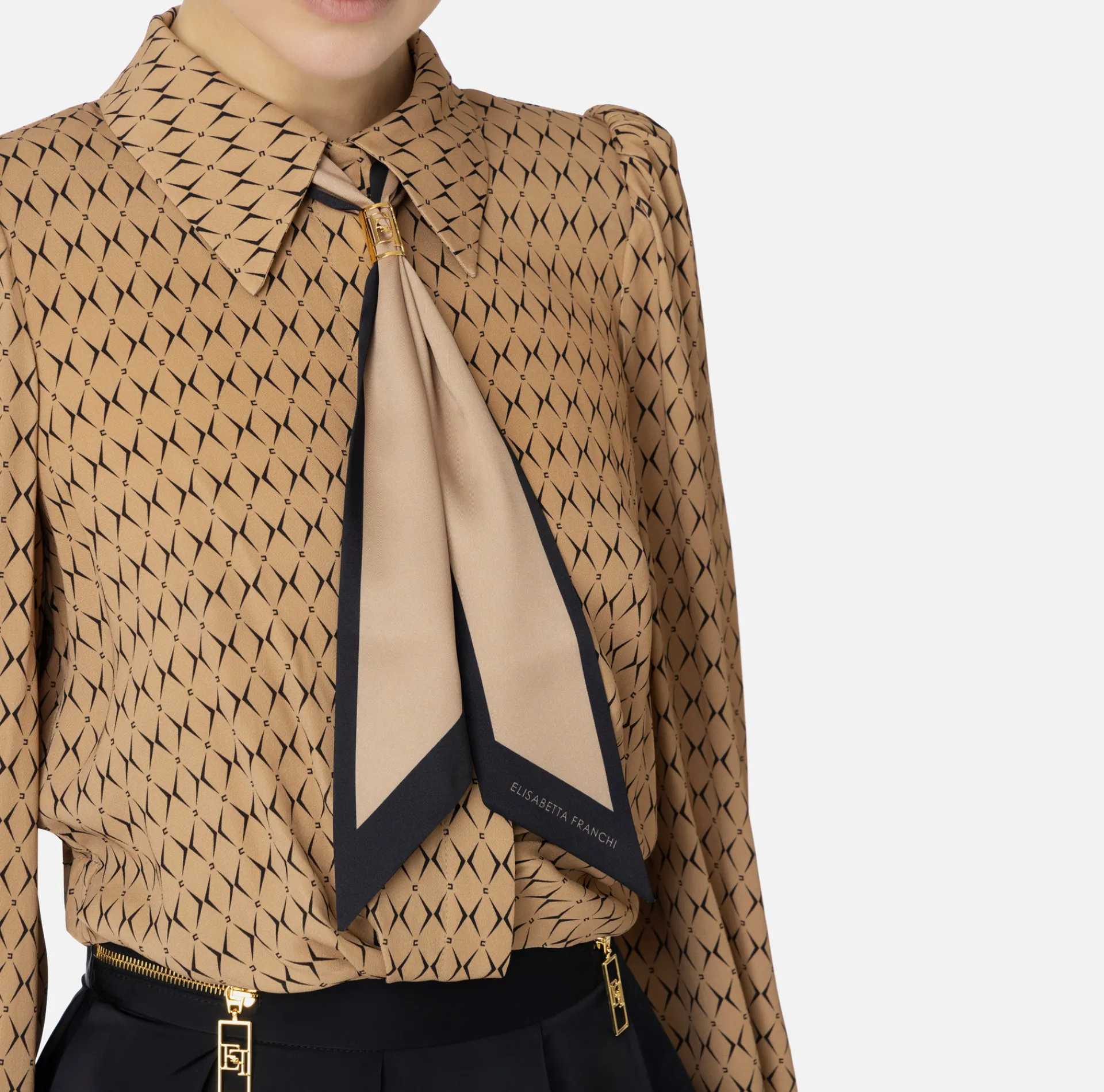 Elisabetta Franchi Shirts And Blouses|Diamond print georgette cropped blouse with foulard scarf Camel/Black