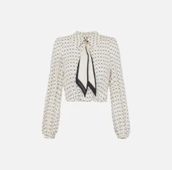 Elisabetta Franchi Shirts And Blouses|Diamond print georgette cropped blouse with foulard scarf Butter/Black
