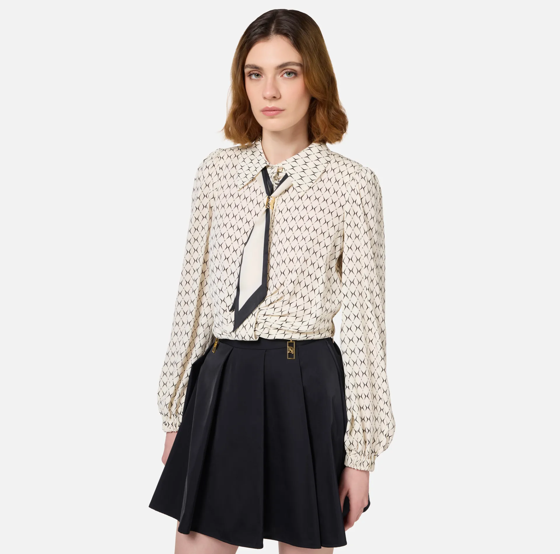 Elisabetta Franchi Shirts And Blouses|Diamond print georgette cropped blouse with foulard scarf Butter/Black