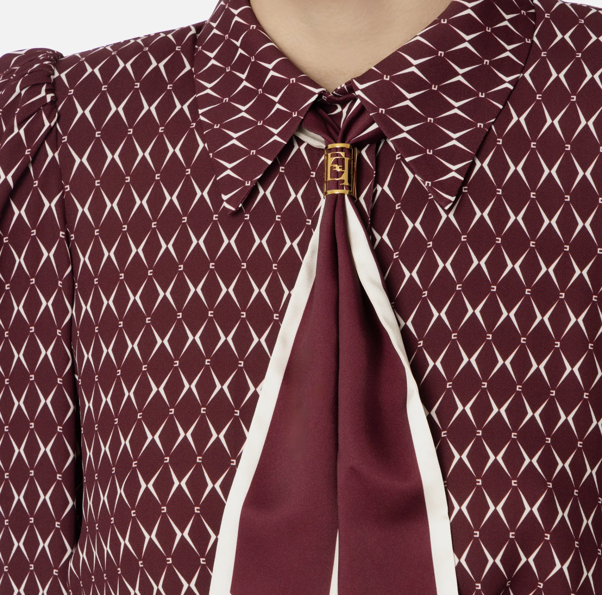 Elisabetta Franchi Shirts And Blouses|Diamond print georgette cropped blouse with foulard scarf RougeNoir/Butter