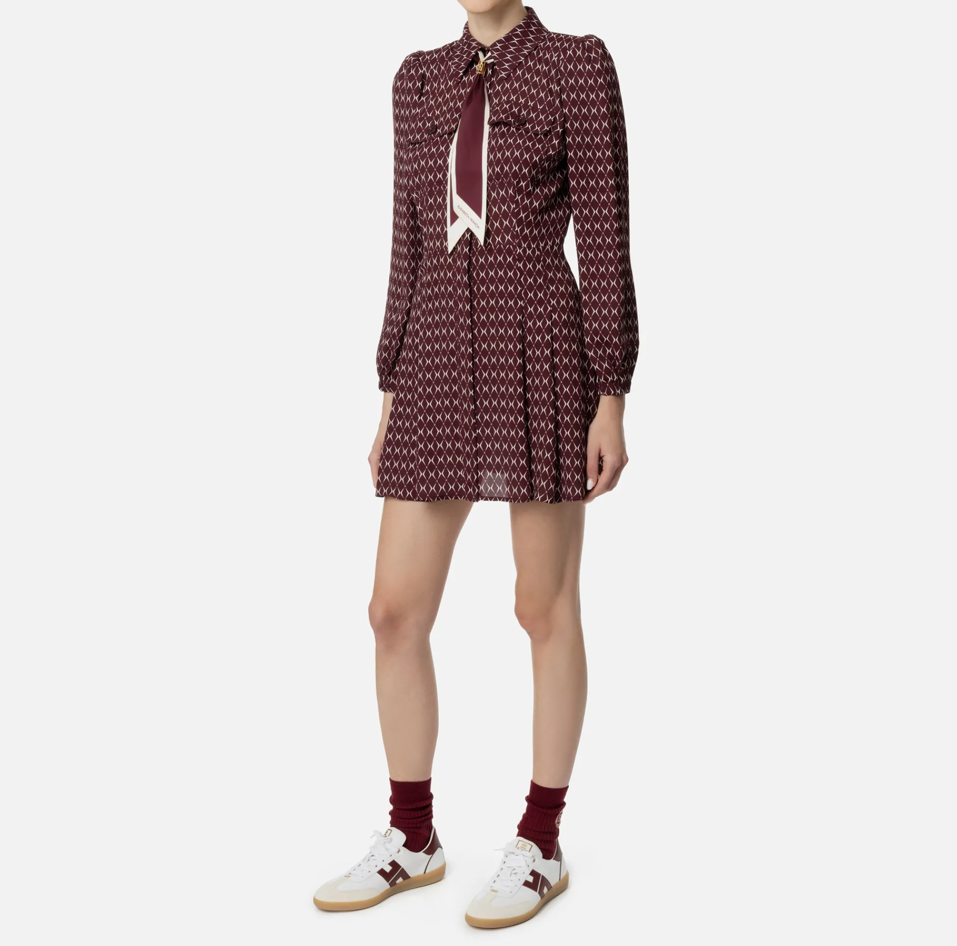 Elisabetta Franchi Mini Dresses|Dresses|Diamond print georgette mini-dress with foulard RougeNoir/Butter