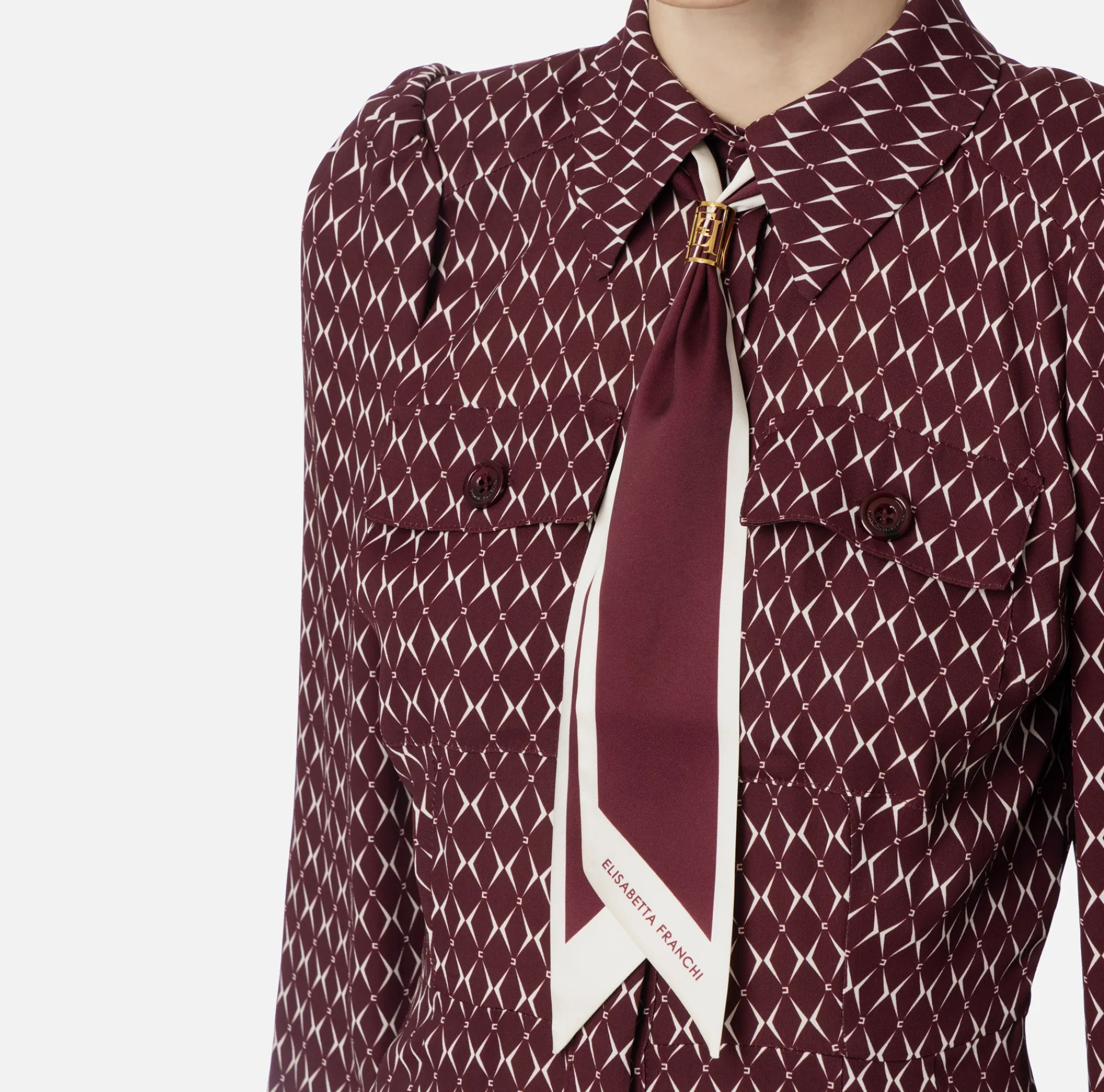 Elisabetta Franchi Mini Dresses|Dresses|Diamond print georgette mini-dress with foulard RougeNoir/Butter