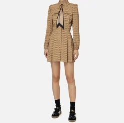 Elisabetta Franchi Mini Dresses|Dresses|Diamond print georgette mini-dress with foulard Camel/Black