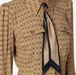 Elisabetta Franchi Mini Dresses|Dresses|Diamond print georgette mini-dress with foulard Camel/Black