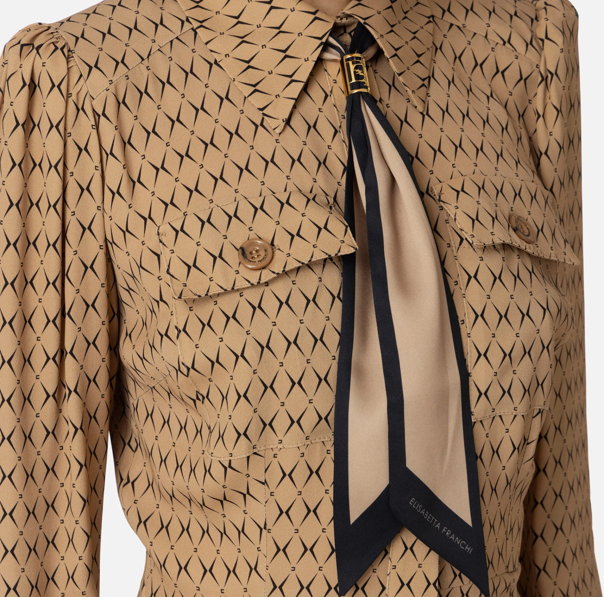 Elisabetta Franchi Mini Dresses|Dresses|Diamond print georgette mini-dress with foulard Camel/Black