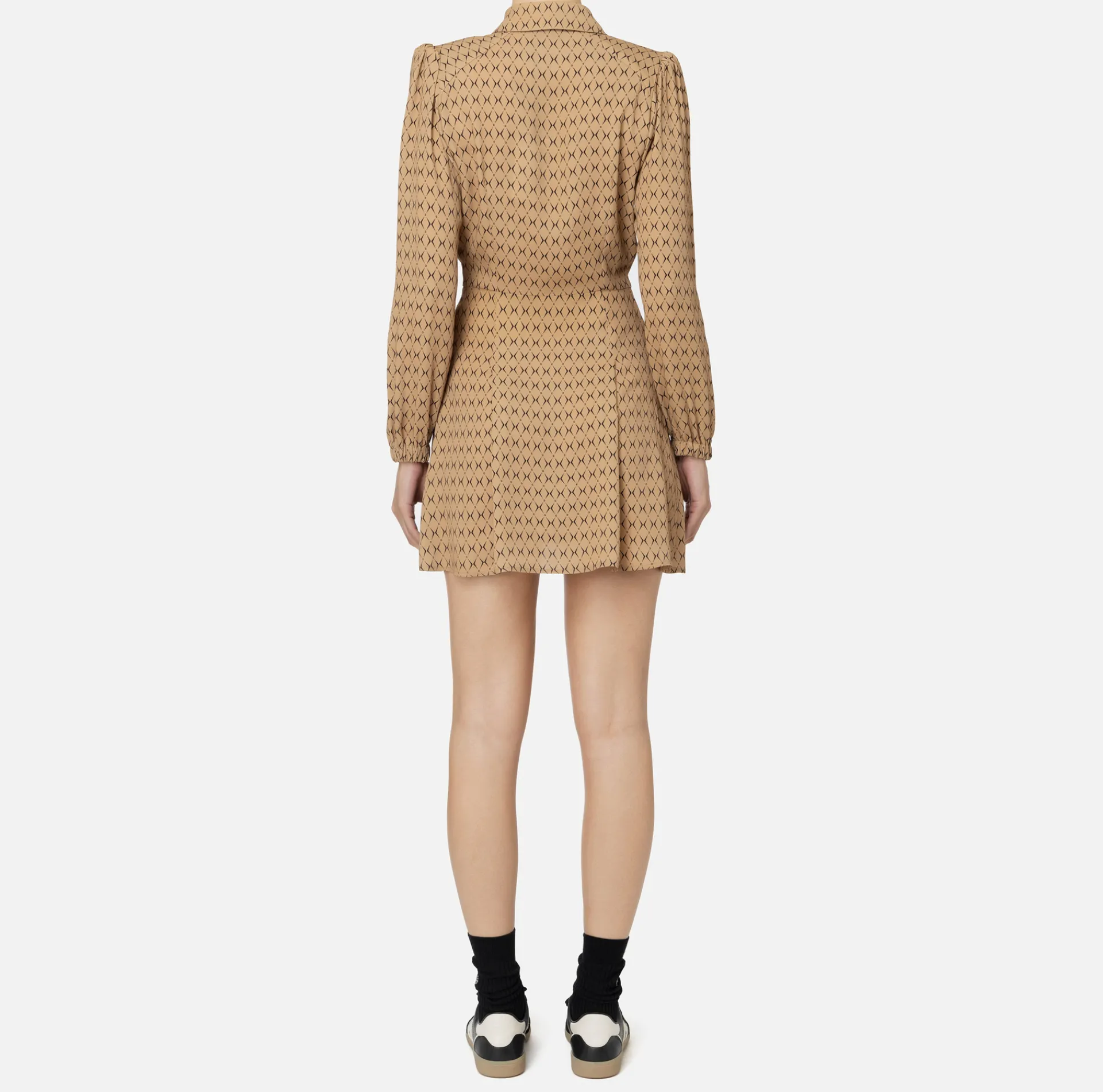 Elisabetta Franchi Mini Dresses|Dresses|Diamond print georgette mini-dress with foulard Camel/Black