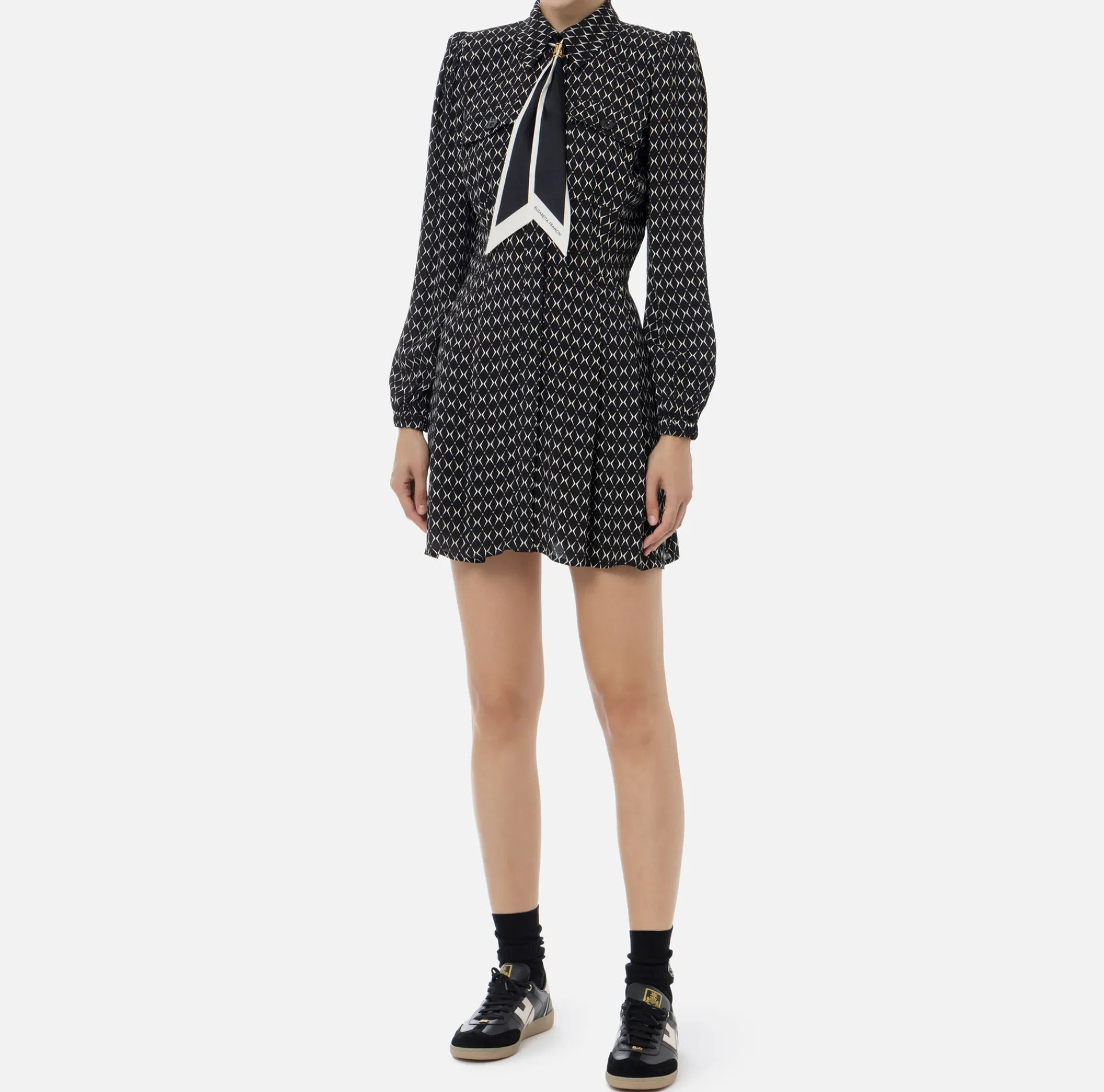 Elisabetta Franchi Mini Dresses|Dresses|Diamond print georgette mini-dress with foulard Black/Butter