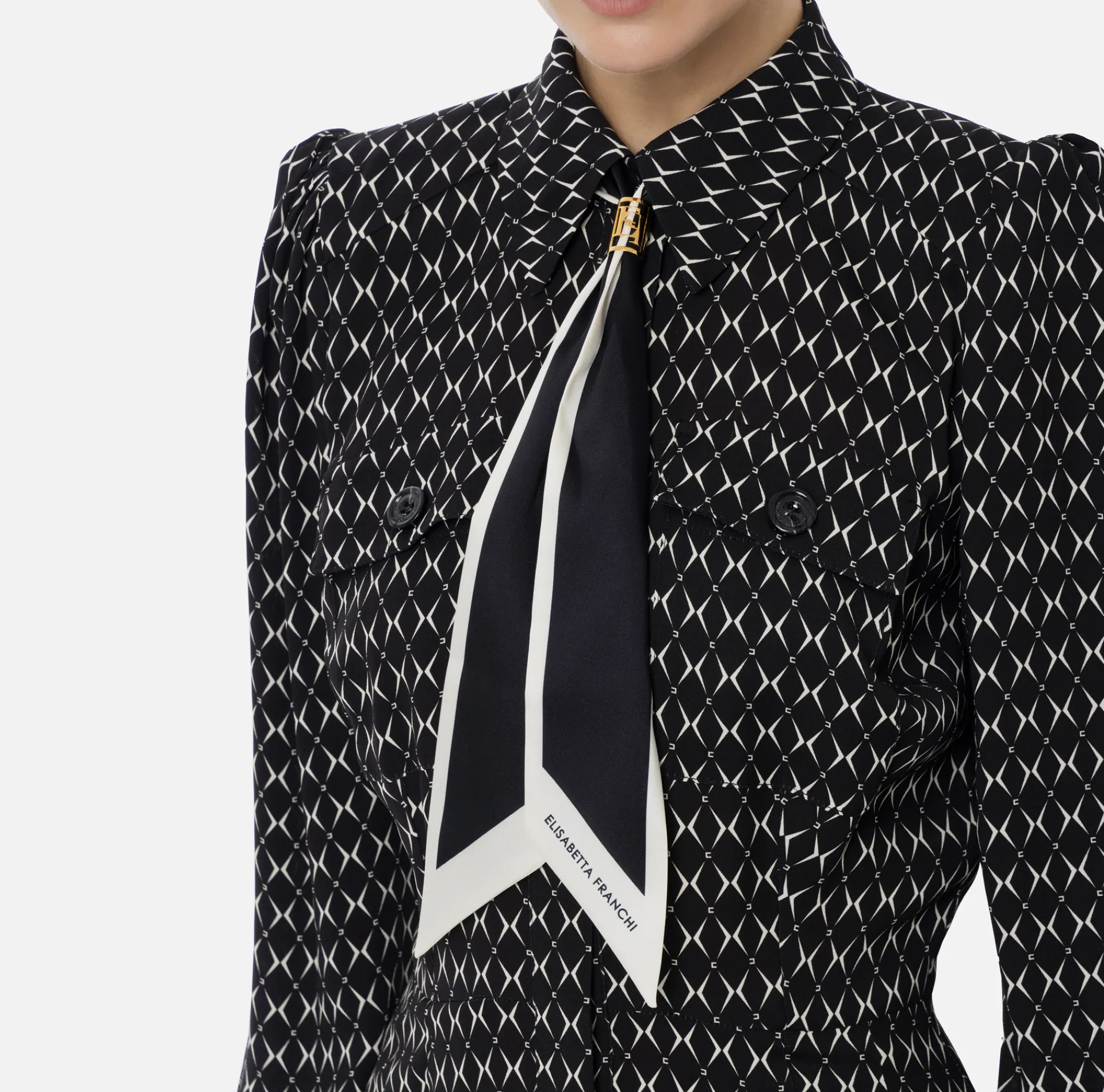 Elisabetta Franchi Mini Dresses|Dresses|Diamond print georgette mini-dress with foulard Black/Butter
