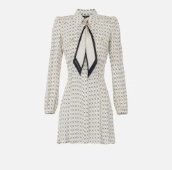 Elisabetta Franchi Mini Dresses|Dresses|Diamond print georgette mini-dress with foulard Butter/Black