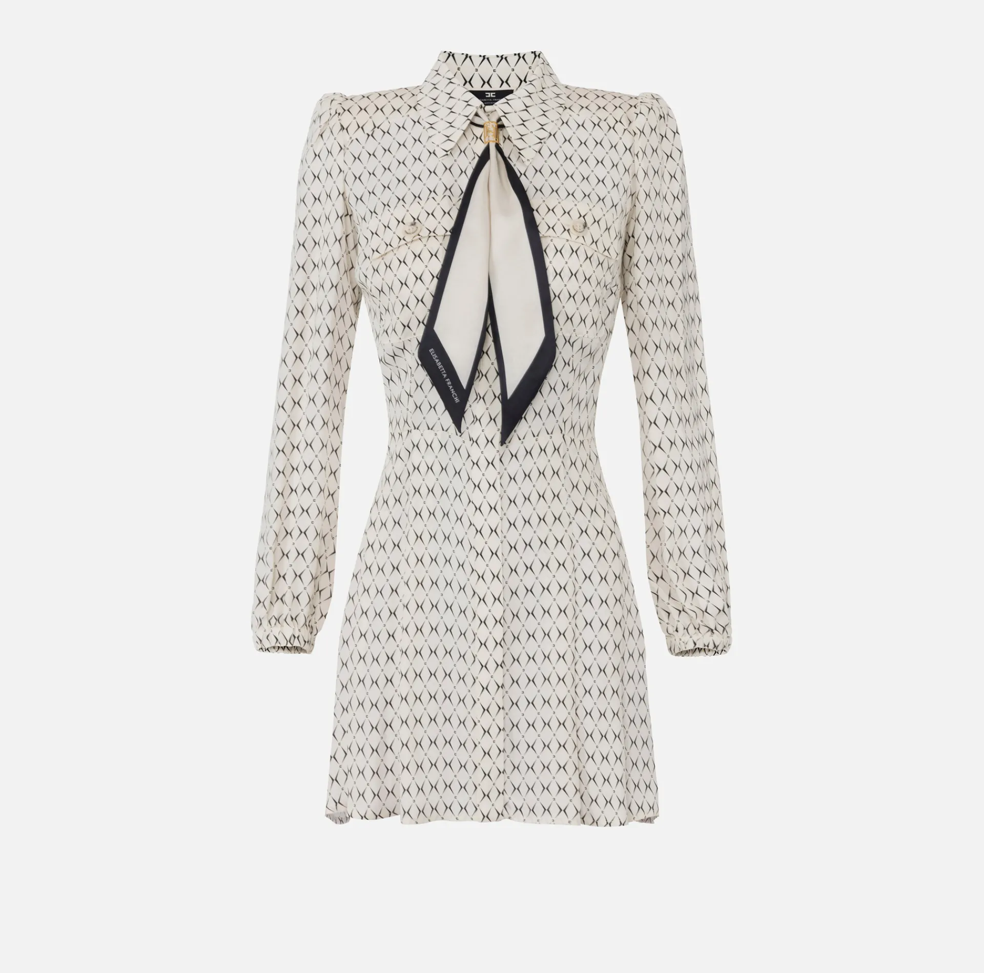Elisabetta Franchi Mini Dresses|Dresses|Diamond print georgette mini-dress with foulard Butter/Black