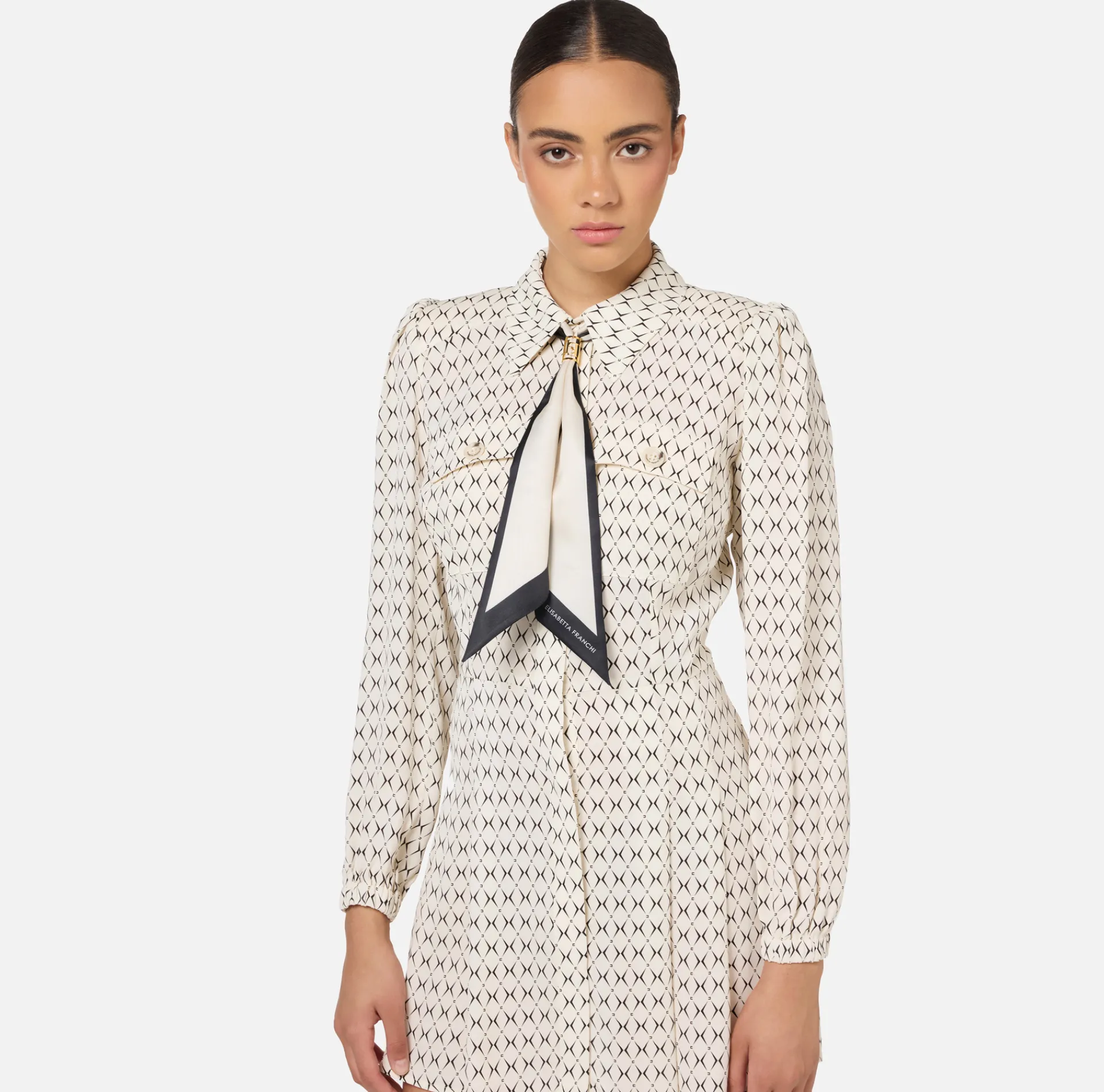 Elisabetta Franchi Mini Dresses|Dresses|Diamond print georgette mini-dress with foulard Butter/Black
