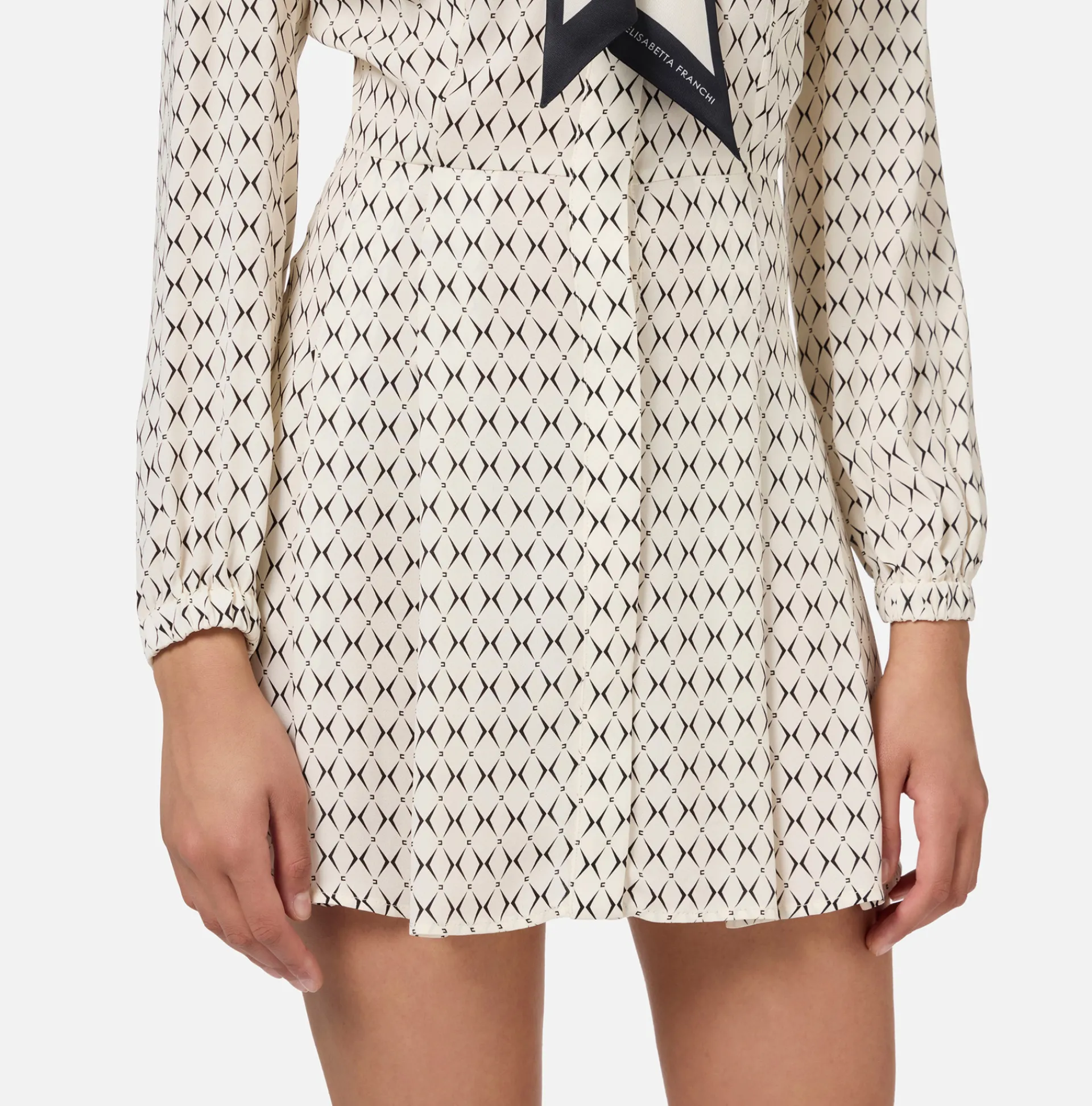 Elisabetta Franchi Mini Dresses|Dresses|Diamond print georgette mini-dress with foulard Butter/Black