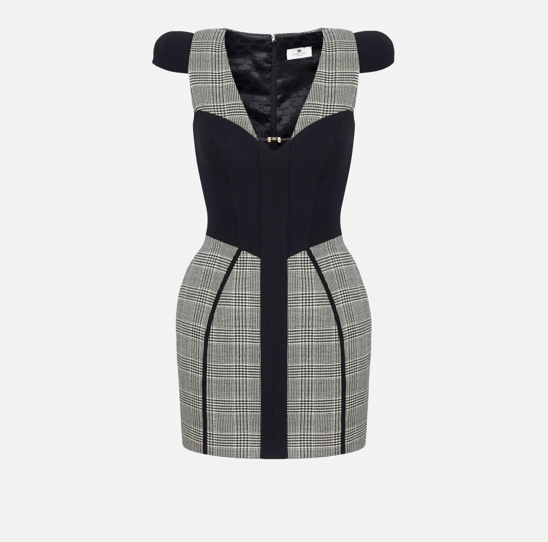 Elisabetta Franchi Mini Dresses|Dresses|Doll cool wool mini-dress in Prince of Wales fabric Black/PrinceofWales