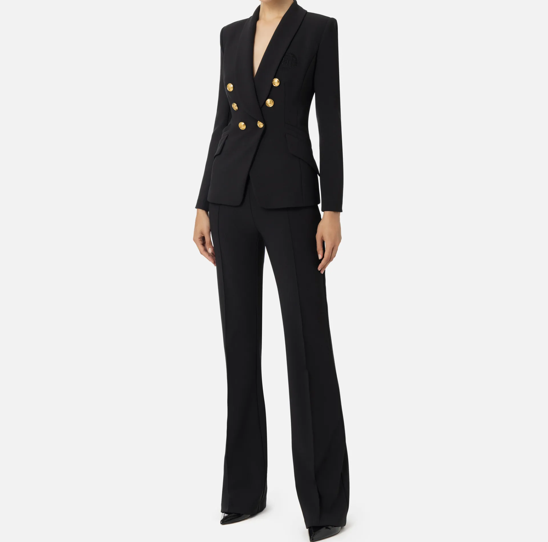 Elisabetta Franchi Tailleur|Double layer stretch crêpe suit with shawl jacket and palazzo trousers Black