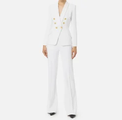 Elisabetta Franchi Tailleur|Double layer stretch crêpe suit with shawl jacket and palazzo trousers Ivory
