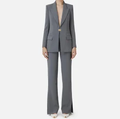 Elisabetta Franchi Tailleur|Double layer stretch crêpe suit with straight jacket and palazzo trousers Steel
