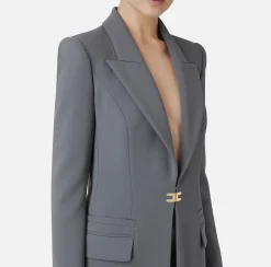 Elisabetta Franchi Tailleur|Double layer stretch crêpe suit with straight jacket and palazzo trousers Steel