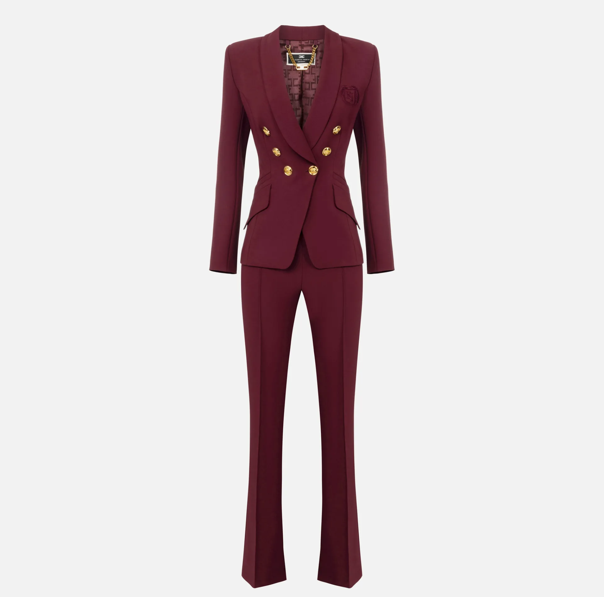Elisabetta Franchi Tailleur|Double layer stretch crêpe suit with shawl jacket and palazzo trousers RougeNoir