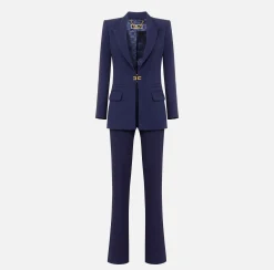 Elisabetta Franchi Tailleur|Double layer stretch crêpe suit with straight jacket and palazzo trousers Navy