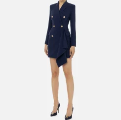 Elisabetta Franchi Mini Dresses|Coat Dresses|Double-breasted coat dress in crêpe fabric with ruffles Navy