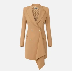 Elisabetta Franchi Mini Dresses|Coat Dresses|Double-breasted coat dress in crêpe fabric with ruffles Bronze