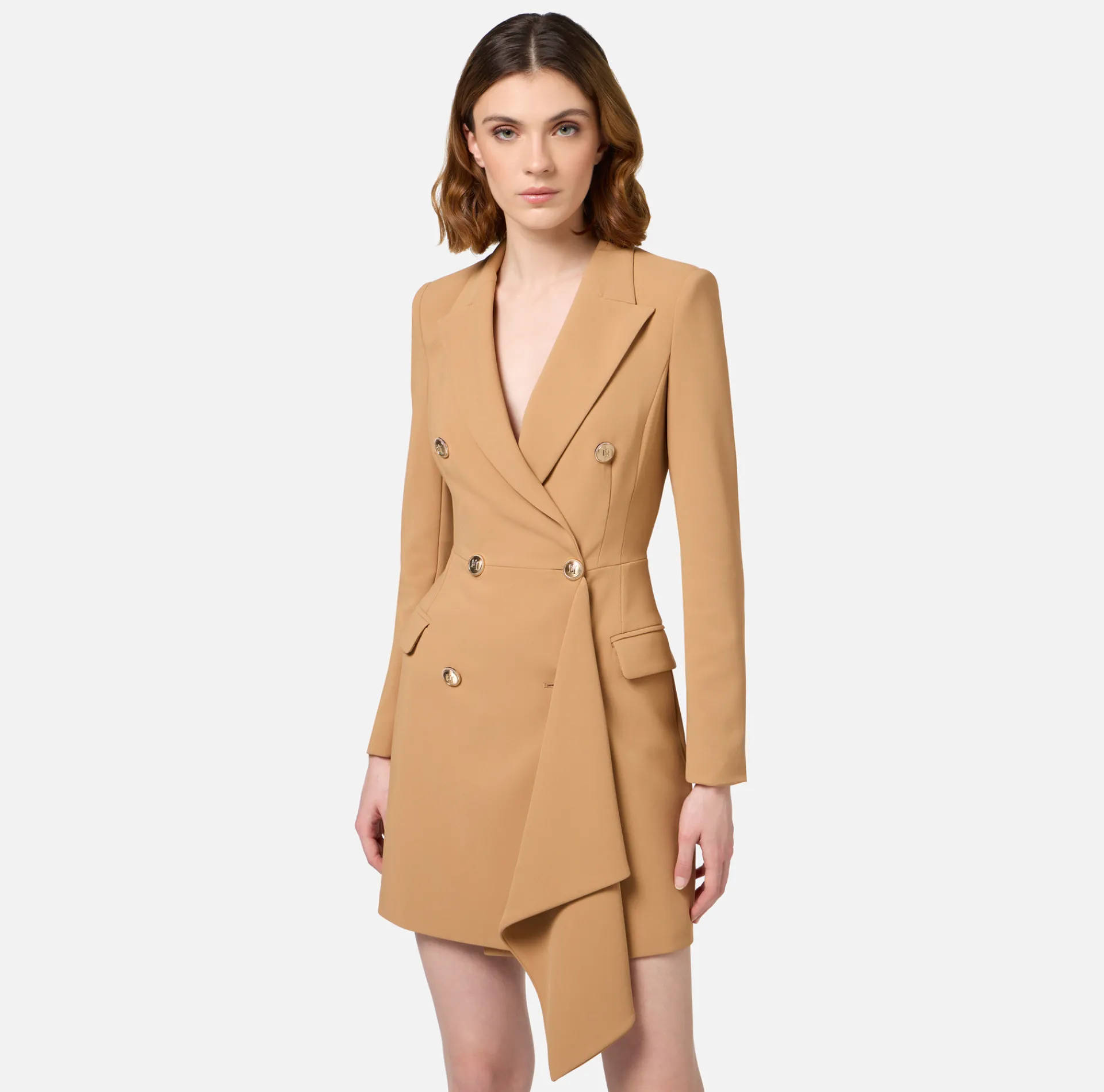 Elisabetta Franchi Mini Dresses|Coat Dresses|Double-breasted coat dress in crêpe fabric with ruffles Bronze