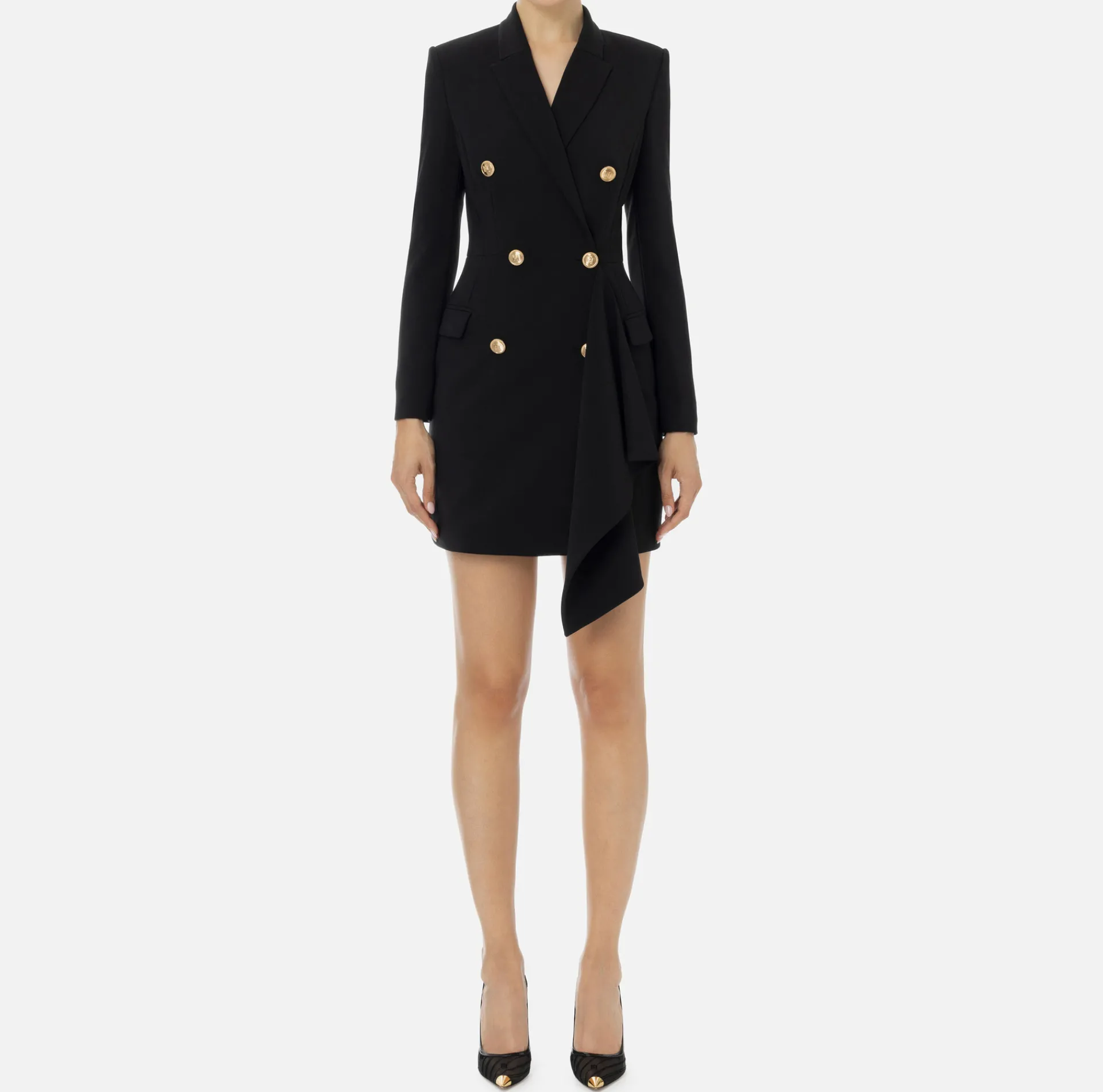 Elisabetta Franchi Mini Dresses|Coat Dresses|Double-breasted coat dress in crêpe fabric with ruffles Black