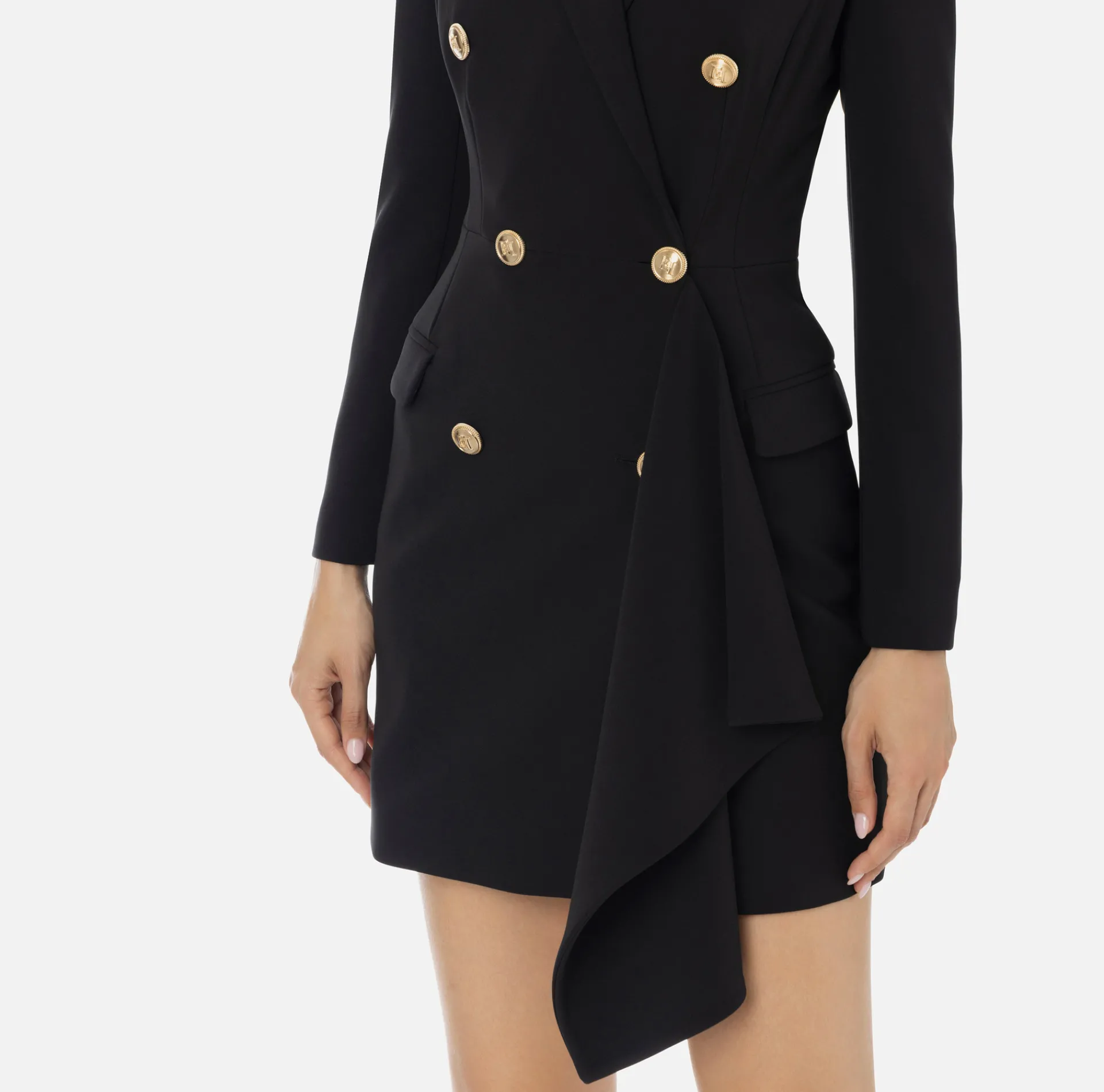 Elisabetta Franchi Mini Dresses|Coat Dresses|Double-breasted coat dress in crêpe fabric with ruffles Black