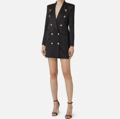Elisabetta Franchi Coat Dresses|Mini Dresses|Double-breasted coat dress in cool wool with tips Black