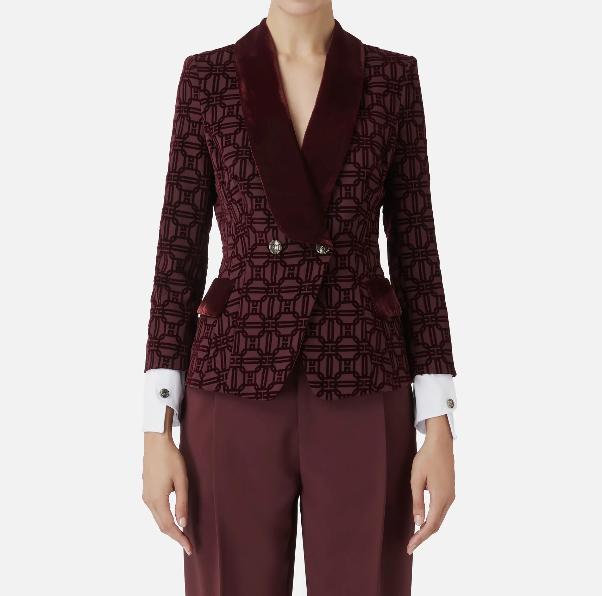 Elisabetta Franchi Jackets And Trench Coats|Tailleur|Double-breasted flock crêpe jacket RougeNoir