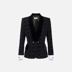 Elisabetta Franchi Jackets And Trench Coats|Tailleur|Double-breasted flock crêpe jacket Black