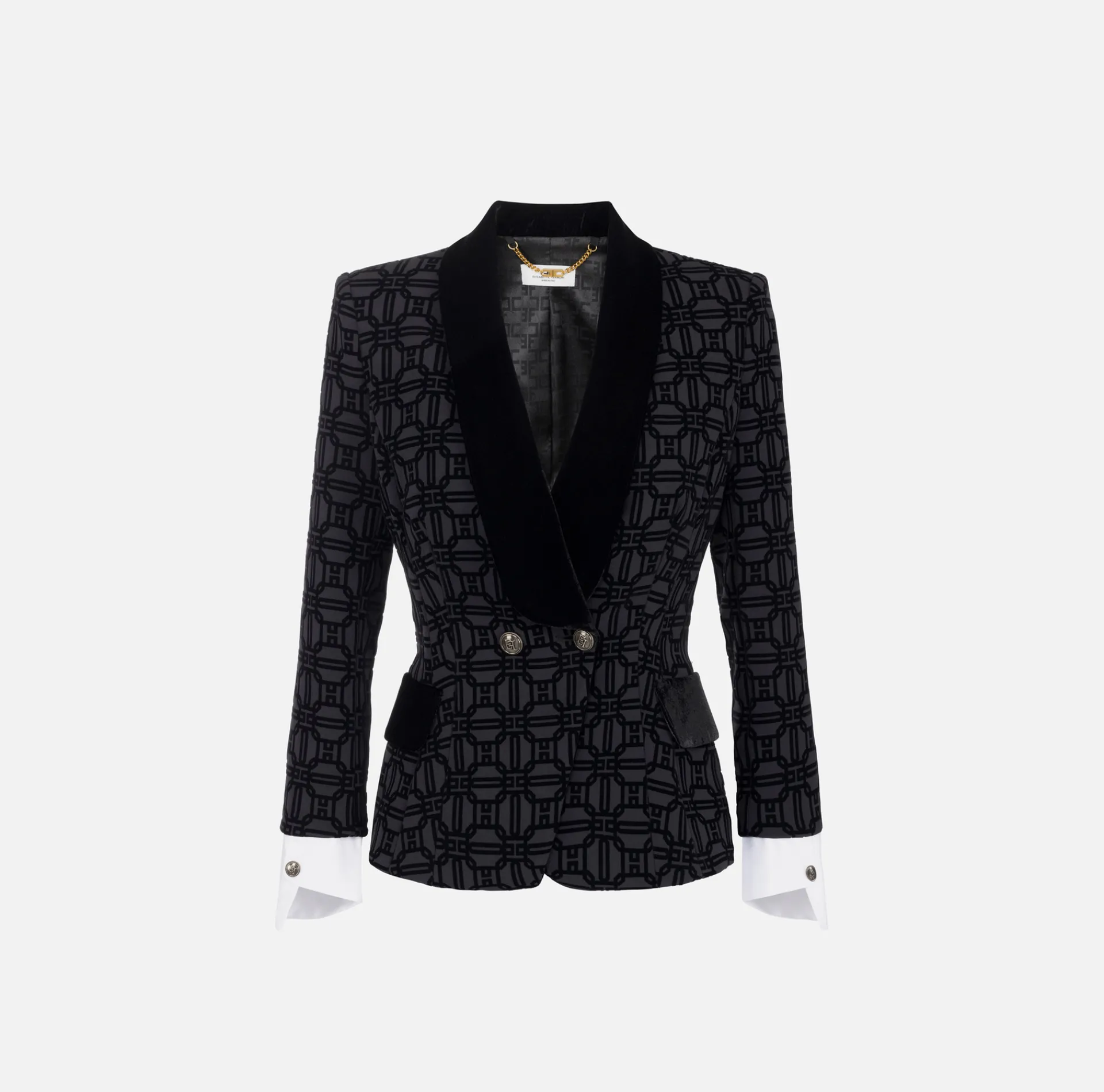 Elisabetta Franchi Jackets And Trench Coats|Tailleur|Double-breasted flock crêpe jacket Black