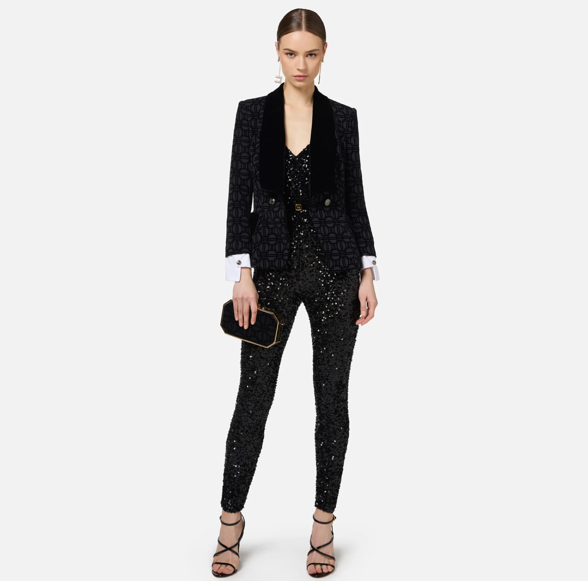 Elisabetta Franchi Jackets And Trench Coats|Tailleur|Double-breasted flock crêpe jacket Black