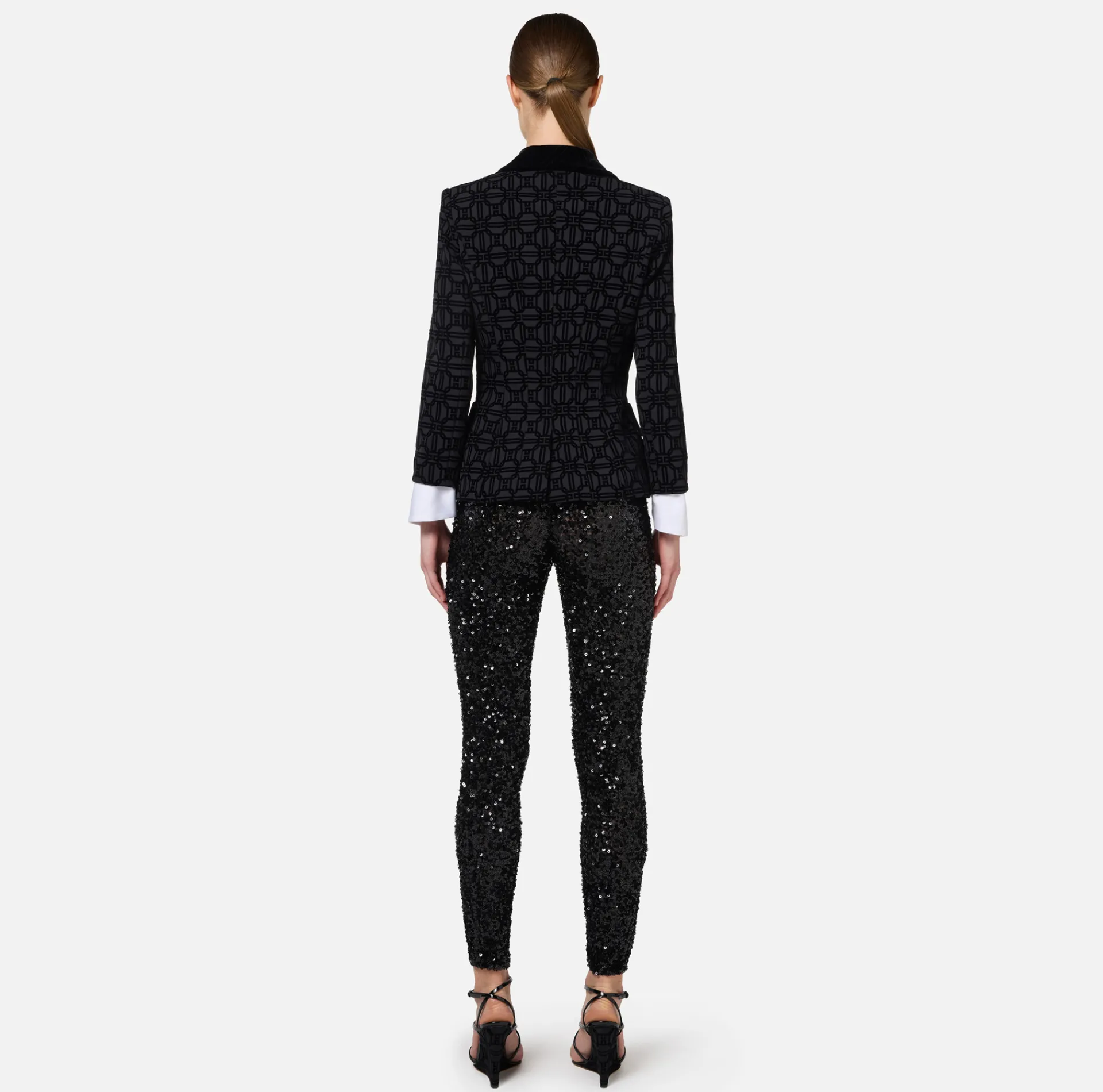 Elisabetta Franchi Jackets And Trench Coats|Tailleur|Double-breasted flock crêpe jacket Black