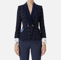Elisabetta Franchi Jackets And Trench Coats|Tailleur|Double-breasted flock crêpe jacket Navy