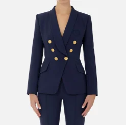 Elisabetta Franchi Jackets And Trench Coats|Tailleur|Double-breasted jacket in stretch crêpe with embroidery Navy