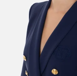 Elisabetta Franchi Jackets And Trench Coats|Tailleur|Double-breasted jacket in stretch crêpe with embroidery Navy