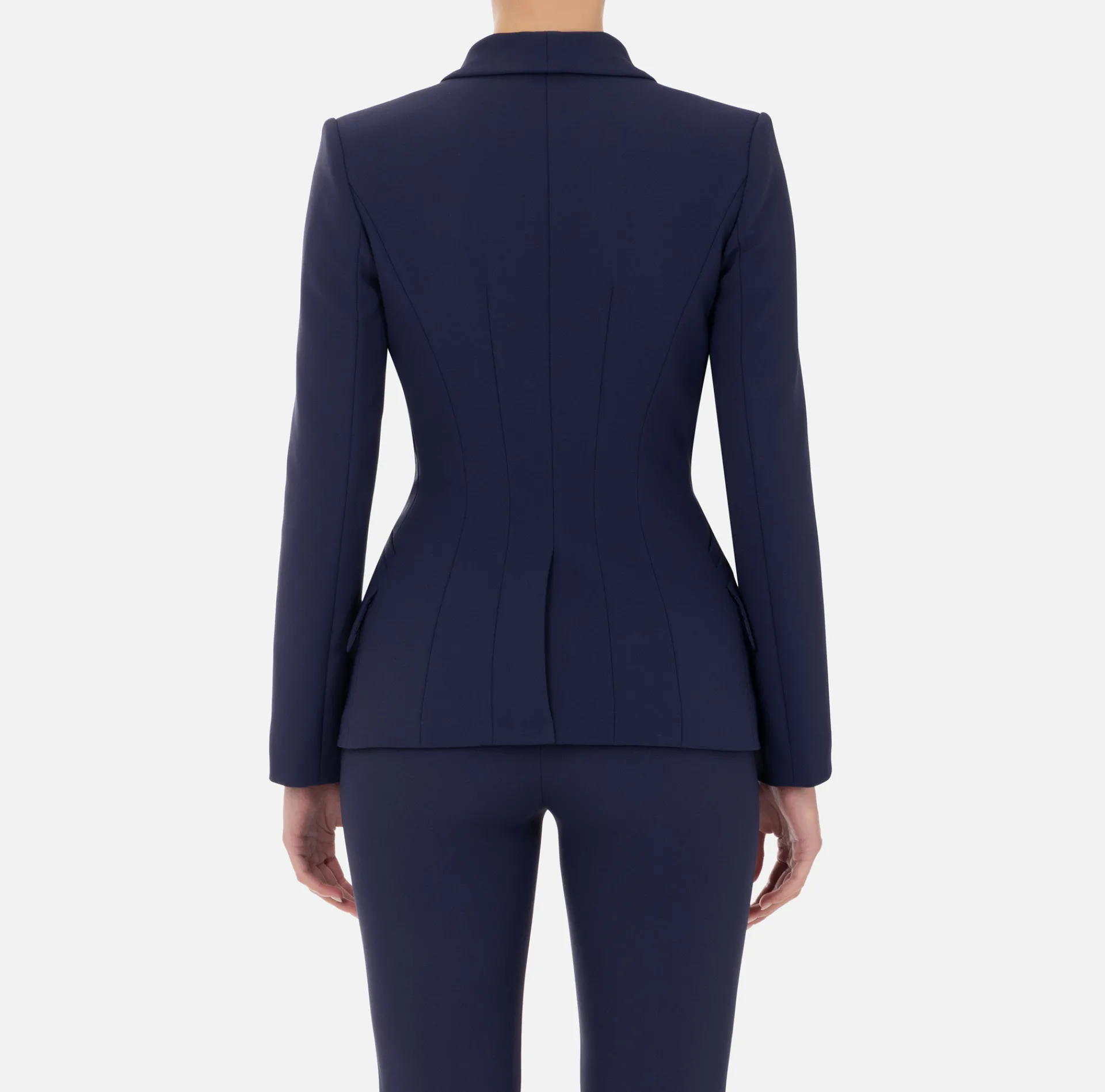 Elisabetta Franchi Jackets And Trench Coats|Tailleur|Double-breasted jacket in stretch crêpe with embroidery Navy