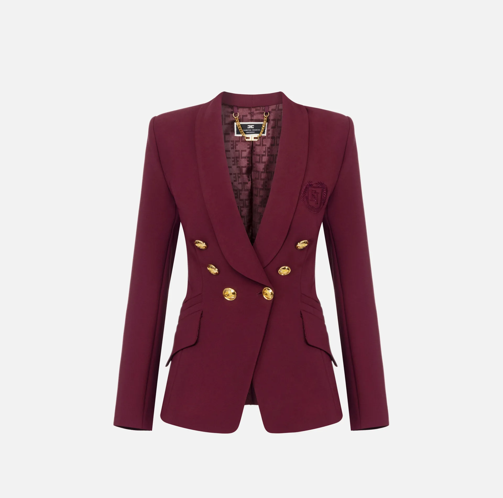 Elisabetta Franchi Jackets And Trench Coats|Tailleur|Double-breasted jacket in stretch crêpe with embroidery RougeNoir