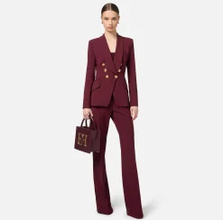 Elisabetta Franchi Jackets And Trench Coats|Tailleur|Double-breasted jacket in stretch crêpe with embroidery RougeNoir