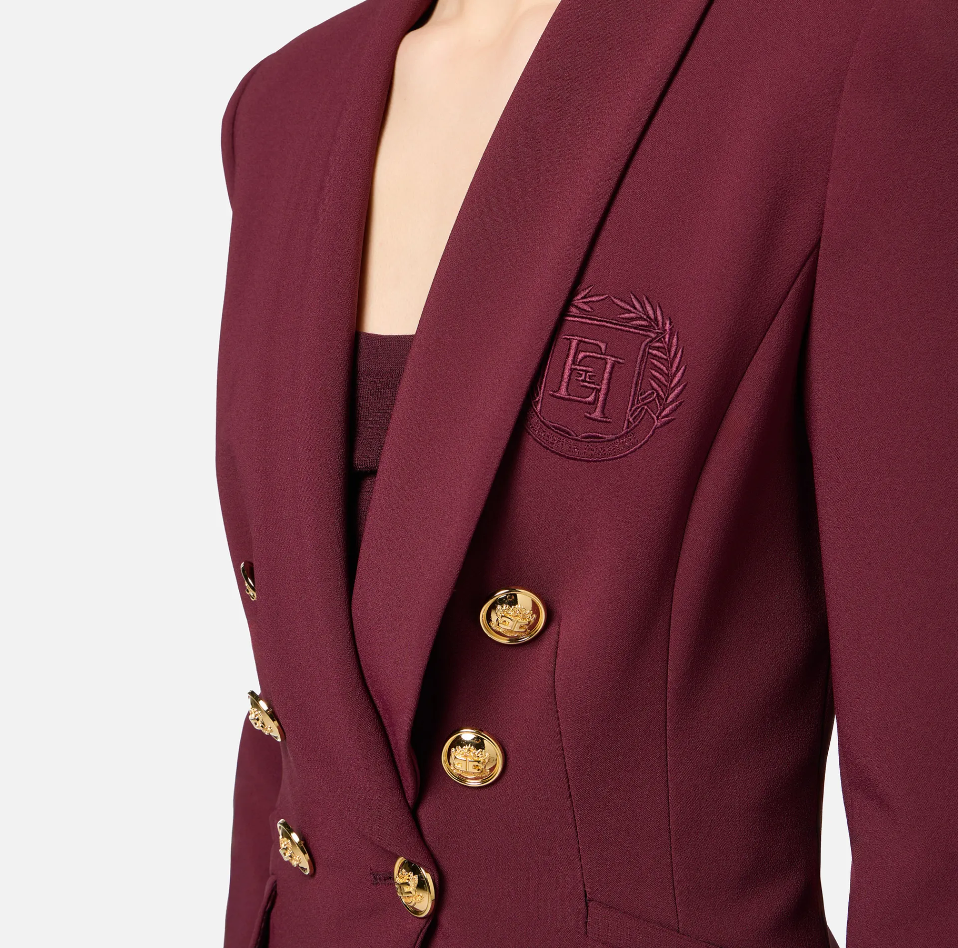 Elisabetta Franchi Jackets And Trench Coats|Tailleur|Double-breasted jacket in stretch crêpe with embroidery RougeNoir