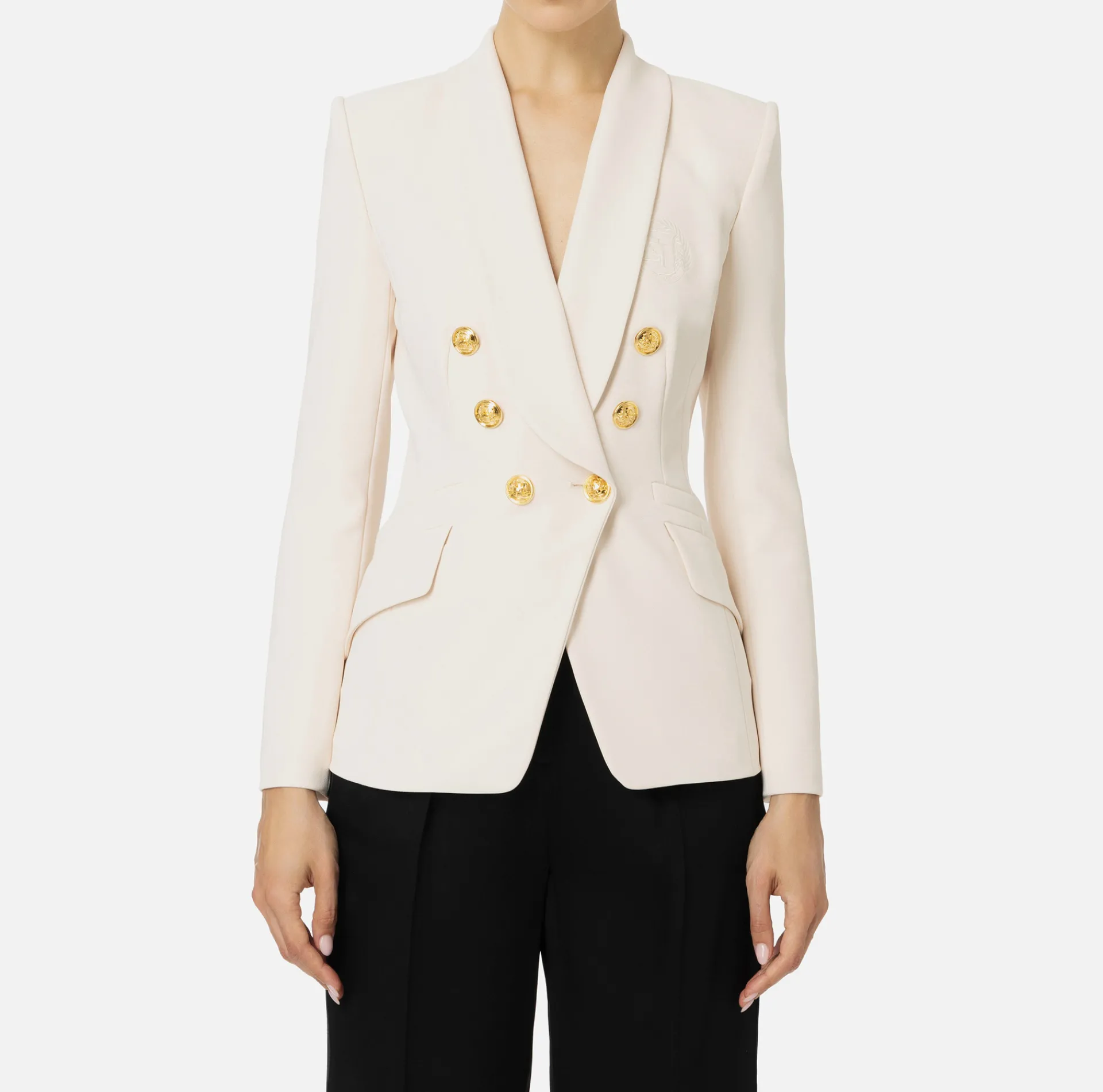 Elisabetta Franchi Jackets And Trench Coats|Tailleur|Double-breasted jacket in stretch crêpe with embroidery Butter