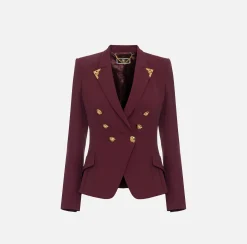 Elisabetta Franchi Jackets And Trench Coats|Tailleur|Double-breasted jacket in stretch crêpe with lapel tips RougeNoir