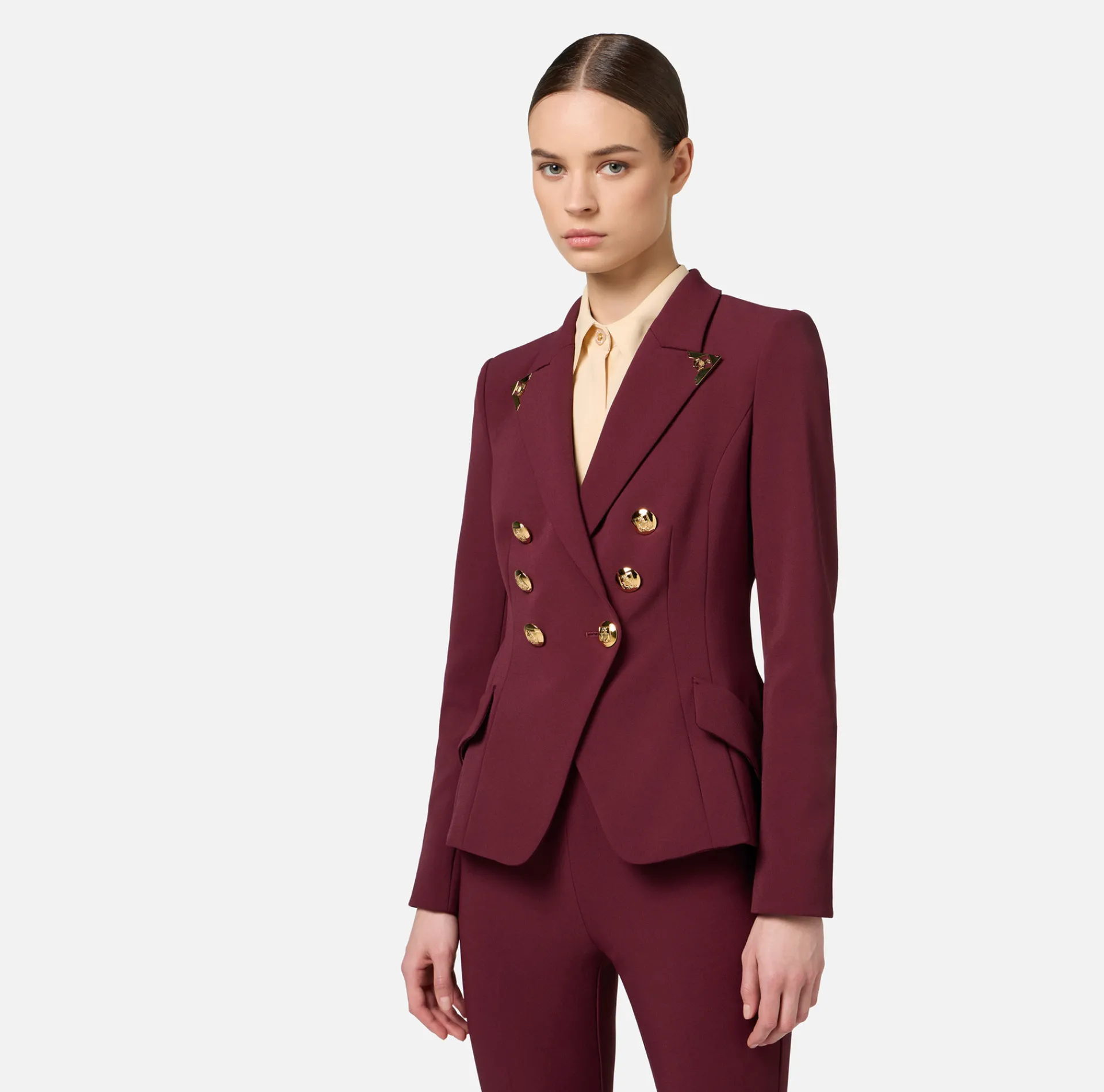 Elisabetta Franchi Jackets And Trench Coats|Tailleur|Double-breasted jacket in stretch crêpe with lapel tips RougeNoir