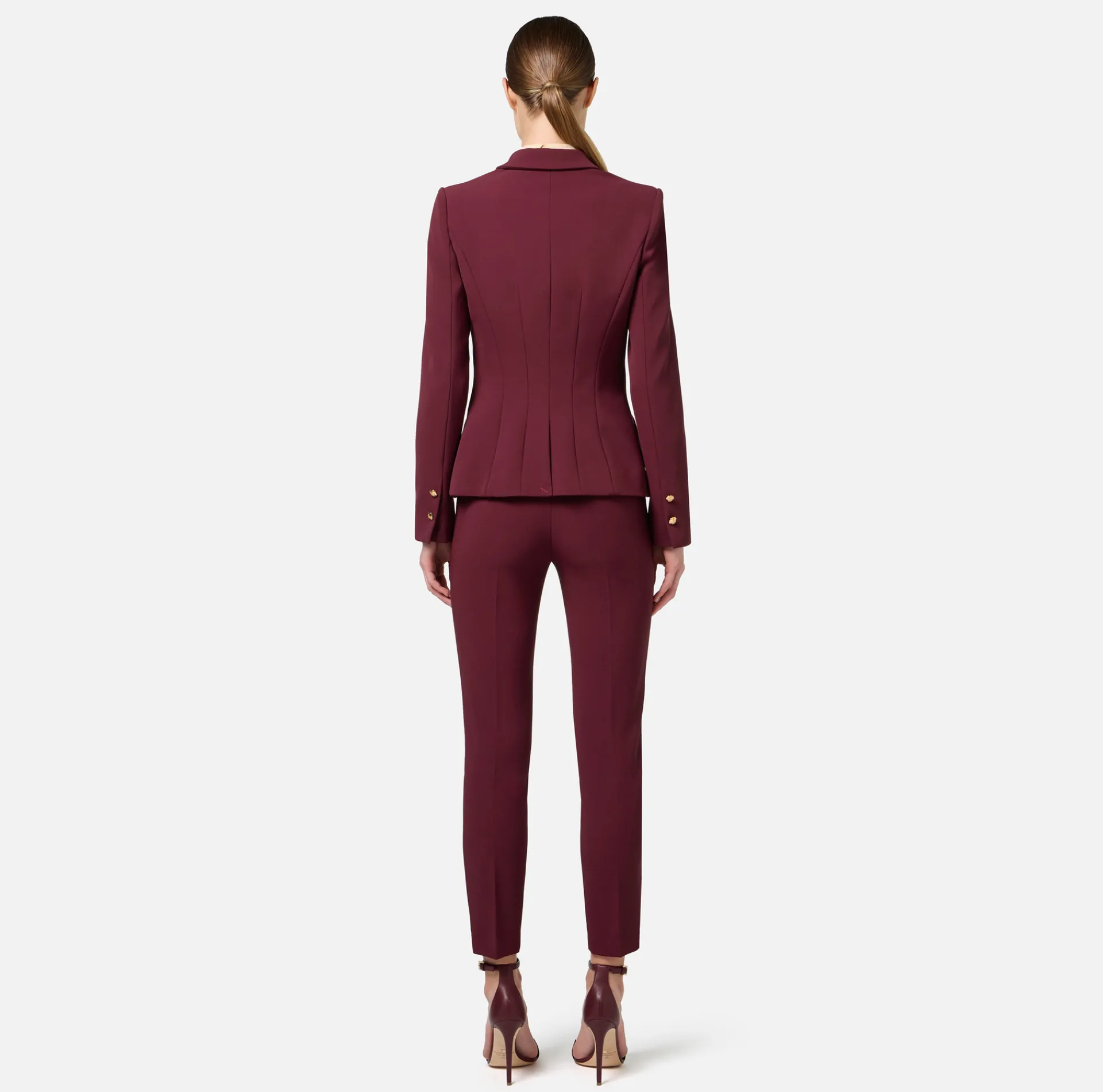 Elisabetta Franchi Jackets And Trench Coats|Tailleur|Double-breasted jacket in stretch crêpe with lapel tips RougeNoir