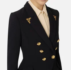 Elisabetta Franchi Jackets And Trench Coats|Tailleur|Double-breasted jacket in stretch crêpe with lapel tips Black