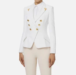 Elisabetta Franchi Jackets And Trench Coats|Tailleur|Double-breasted jacket in stretch crêpe with lapel tips Ivory