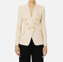 Elisabetta Franchi Jackets And Trench Coats|Tailleur|Double-breasted jacket in stretch crêpe with embroidery Cream